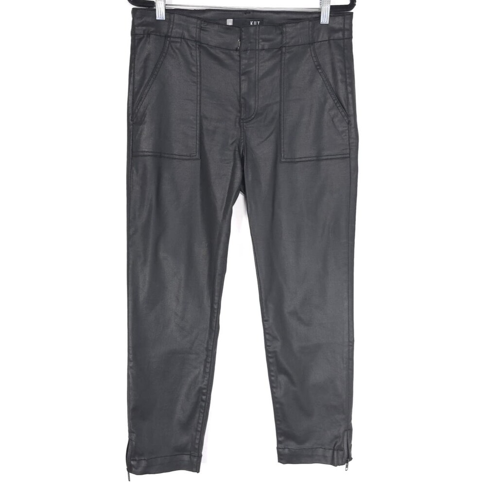 KUT FROM THE KLOTH Women's Reese Ankle Straight Pants 12 Black Coated‎ KP0970MA8